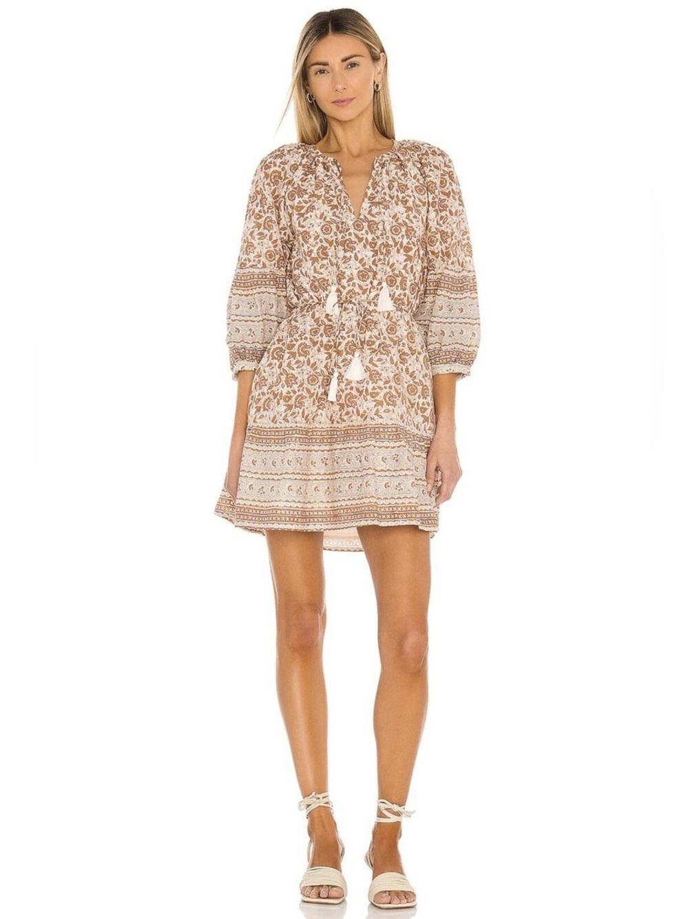 Cleobella Rosy Mini Dress | Tamil Block Print Brown and Cream - Size M